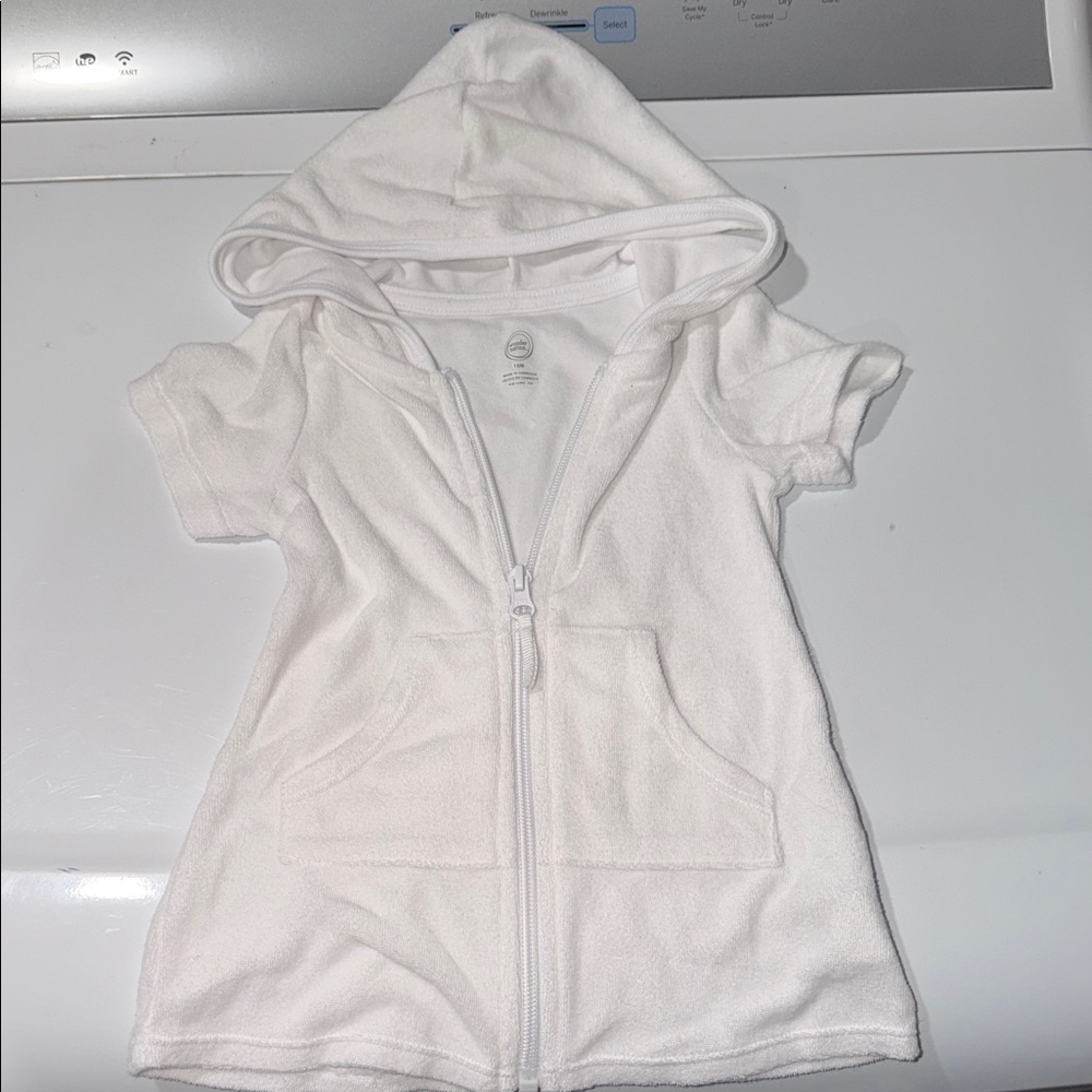 White Hooded Zip Terry Short-Sleeve Dress for Toddlers 18 months